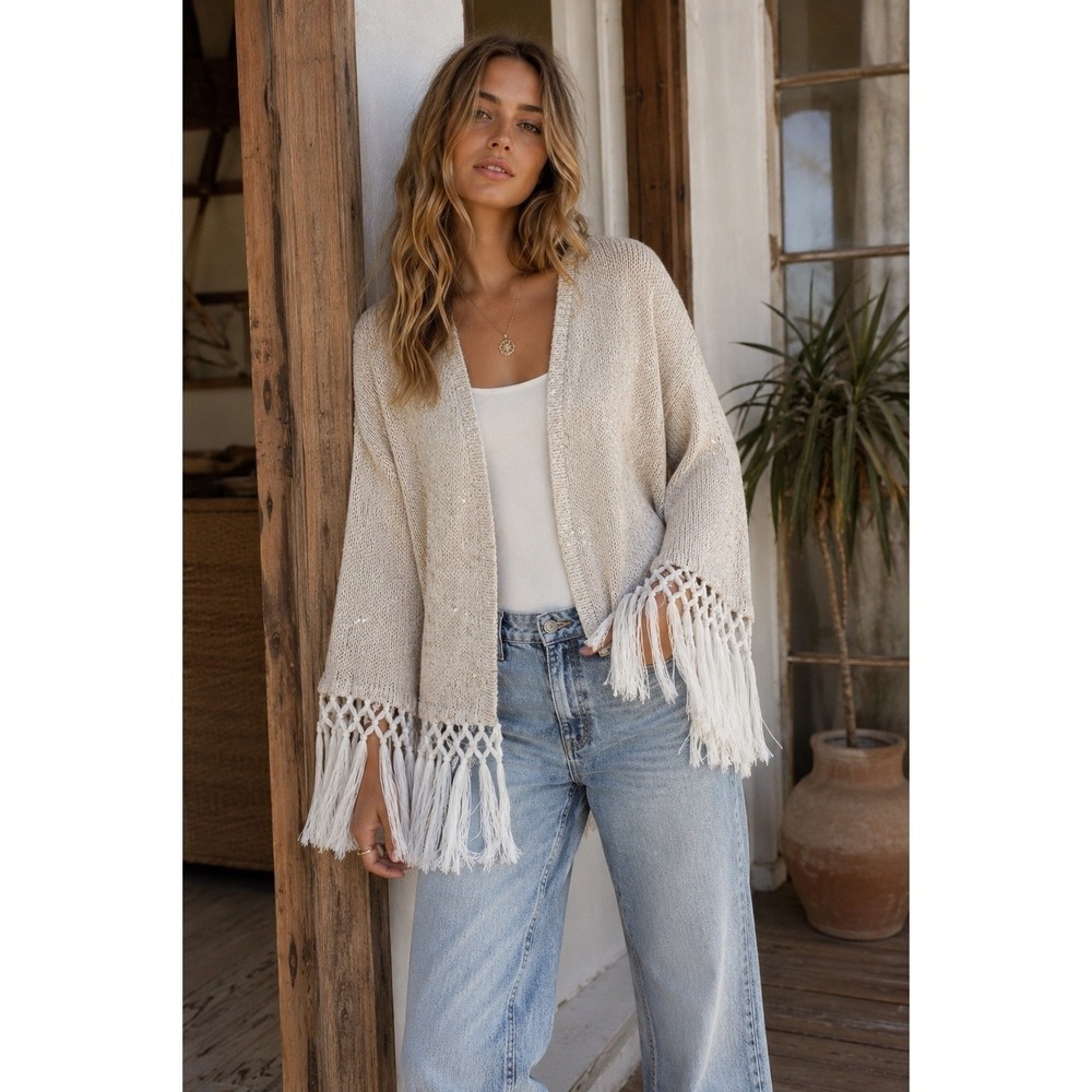 RVCA Nature X Industry Sequin Fringe Cardigan Sweater‎ Beige XS/S Boho Macrame